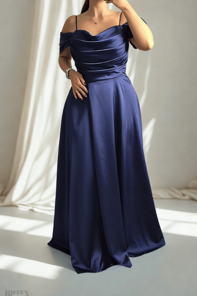 İp Askılı Düşük Kol  Kapaklı Yırtmaç Uzun Saten Abiye  Elbise 9874btx