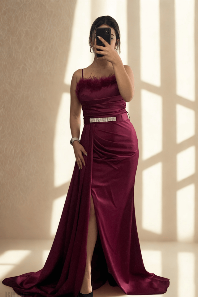 Göğsü Otrişli  Bel Kemerli İp Askılı Saten Uzun Abiye Elbise 9698btx