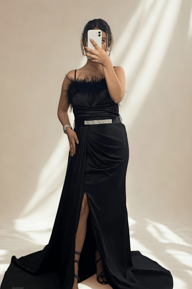 Göğsü Otrişli  Bel Kemerli İp Askılı Saten Uzun Abiye Elbise 9698btx