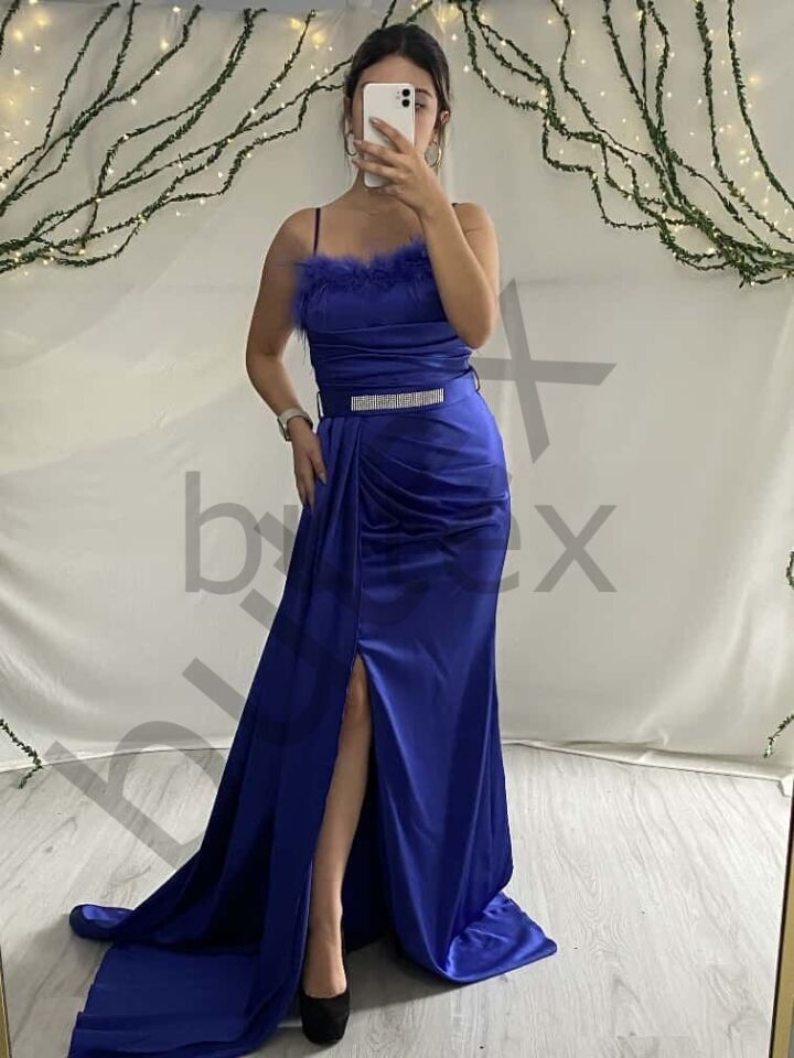 Göğsü Otrişli  Bel Kemerli İp Askılı Saten Uzun Abiye Elbise 9698btx