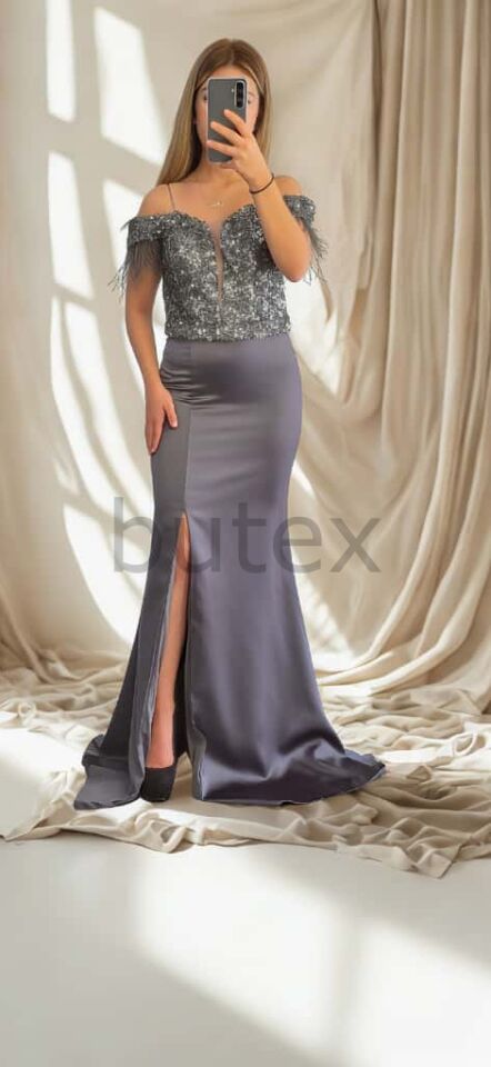 Üstü Payet Sırtı Bağcıklı Alt Kısmı Saten Kol Uçları Otrişli Uzun Abiye Elbise 1132btx