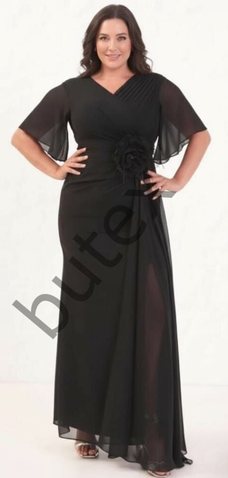 Yaka Piliseli Beli Güllü Büyük Beden  Şifon Abiye Elbise 1140btx