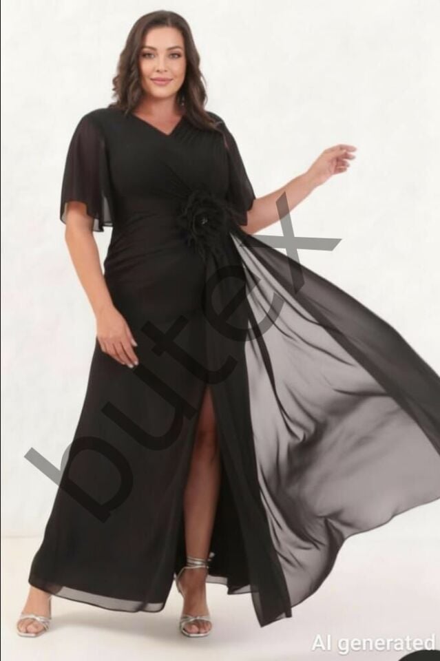 Yaka Piliseli Beli Güllü Büyük Beden  Şifon Abiye Elbise 1140btx