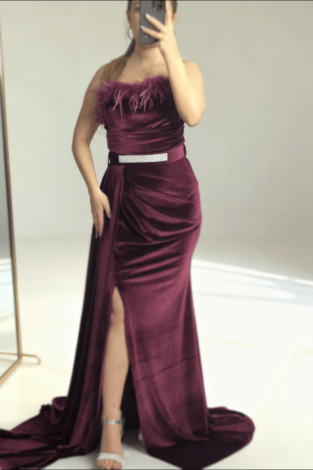 İp Askılı  Göğsü Otrişli  Uzun Kadife Abiye Elbise 9697btx