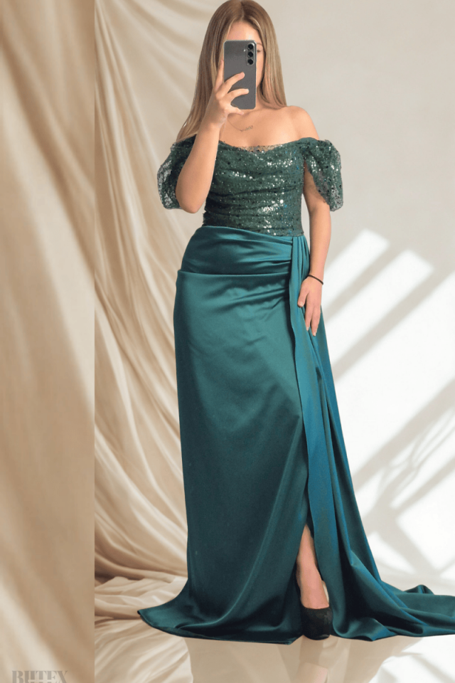 Üstü Bocuklu Kumaş Altı Saten Uzun Abiye Elbise 7497btx