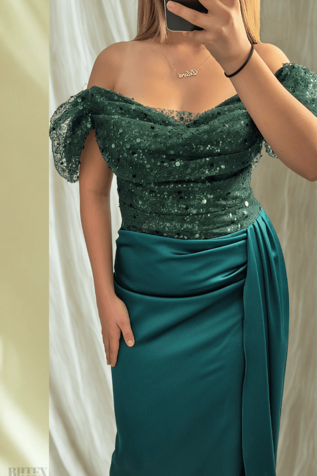 Üstü Bocuklu Kumaş Altı Saten Uzun Abiye Elbise 7497btx