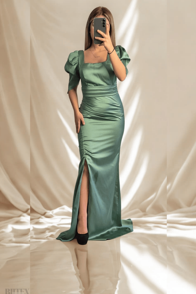 Kısa Kol Beli Drapeli  Balık Model Uzun Saten Abiye Elbise 8479btx