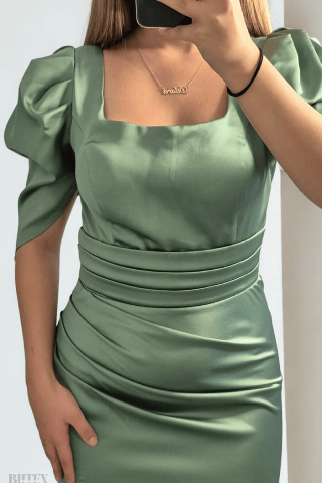 Kısa Kol Beli Drapeli  Balık Model Uzun Saten Abiye Elbise 8479btx