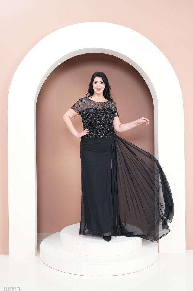 Büyük Beden Üstü Pullu Altı Şifon Abiye Elbise 2796btx