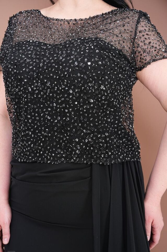 Büyük Beden Üstü Pullu Altı Şifon Abiye Elbise 2796btx